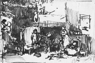 Sir David Wilkie, R.A. - Figures around the hearth, and with a subsidiary study of a mother holding a child and a dog (recto), and landscape studies (verso)