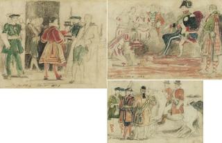 Sir David Wilkie, R.A. - King George IV presented with the Crown of Scotland with other figures in attendance; A Highlander and two mounted horsemen; and An Archer and a Beefeater with other figures