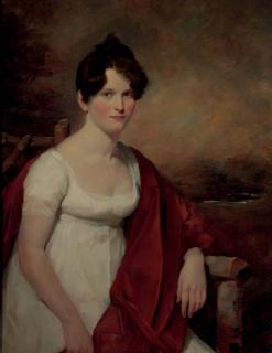 Sir David Wilkie - Portrait of Mrs. Catherine Deas (neé Low), three-quarter length, in a white Empire gown and red velvet shawl, a landscape beyond