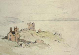 Sir David Young Cameron, R.A., R.W.S. - A ruined castle beside a loch