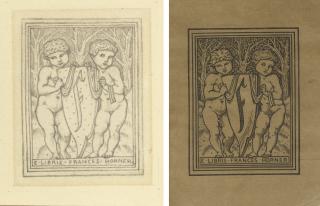 Sir Edward Coley Burne-Jones, A.R.A. - A design for a bookplate: two infant boys holding a shield inscribed with the letter \'F\'; and an impression of the woodcut bookplate