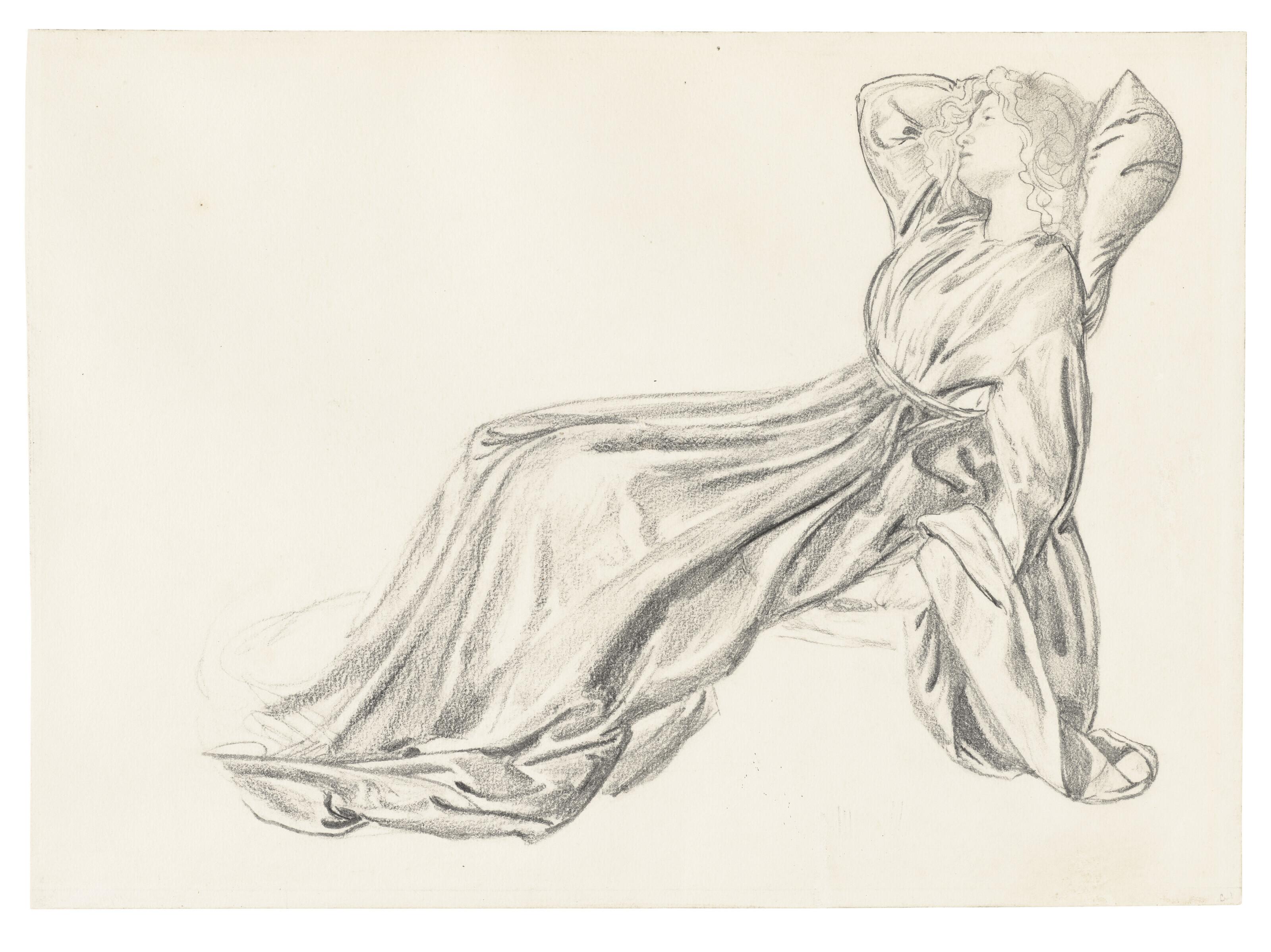Sir Edward Coley Burne-Jones, Bt., A.R.A., R.W.S. - Portrait of Fanny Cornforth, reclining in a chair, for \'Laus Veneris\'; with figure studies for \'Clerk Saunders\' (on the reverse)