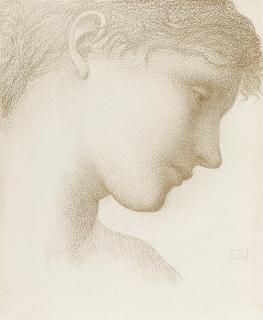 Sir Edward Coley Burne-Jones, Bt., A.R.A., R.W.S. - Study of a head, probably for the Angel in \'The Annunciation\'
