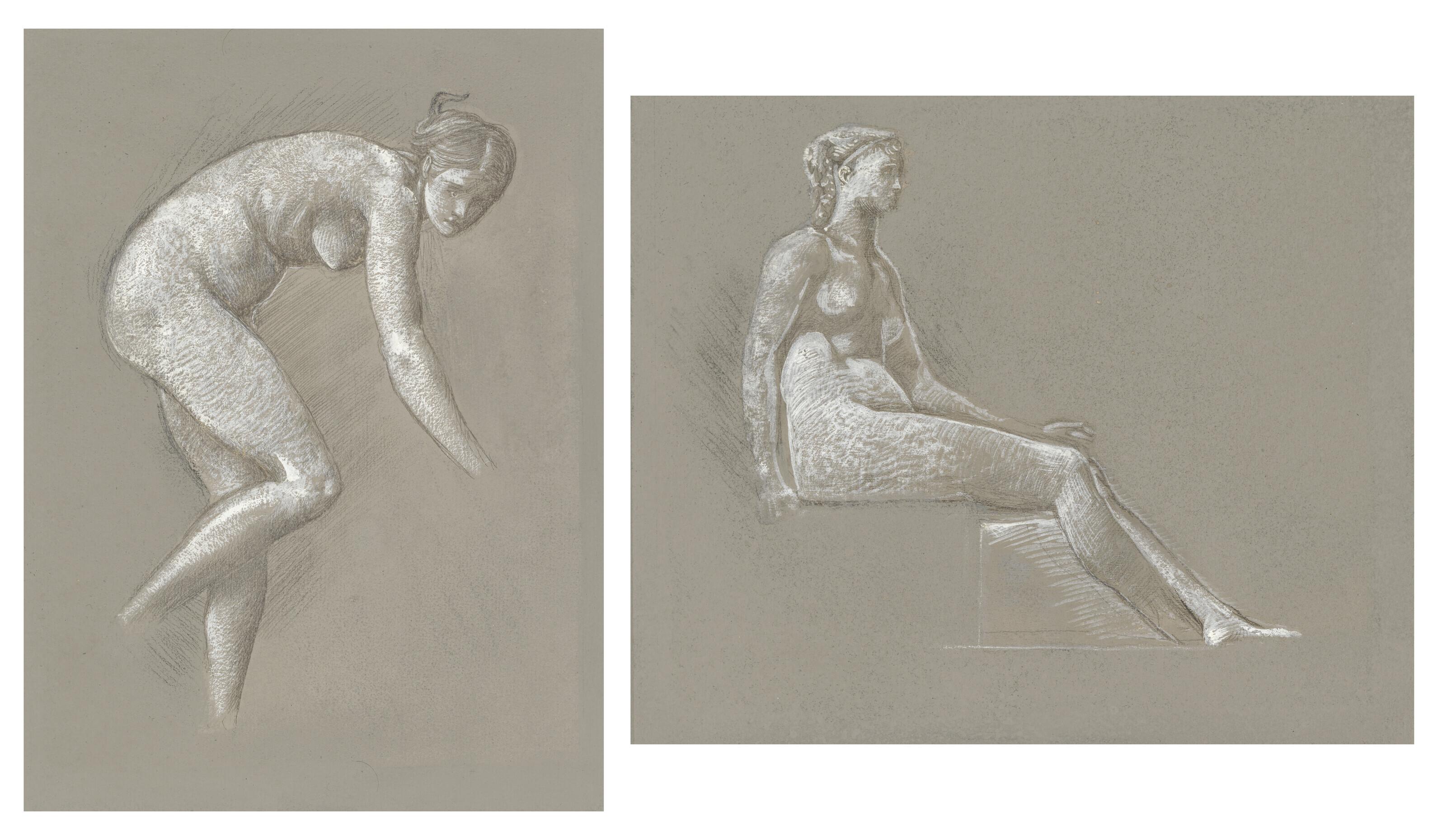 Sir Edward Coley Burne-Jones, Bt., A.R.A., R.W.S. - Two female nude studies, one for \'The Passing of Venus\', and one for \'The Golden Stairs\'
