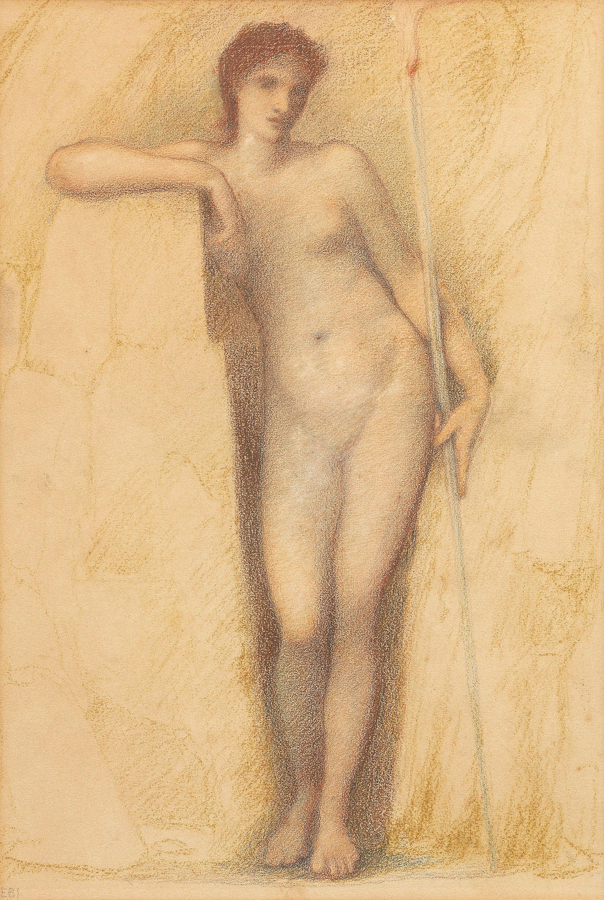 Sir Edward Coley Burne-Jones, Bt., ARA, RWS - Study of a nude standing woman leaning against a rock with a flaming staff in her left hand for Venus in Venus Epithalamia