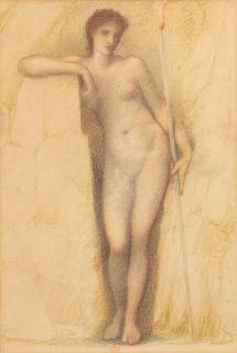 Sir Edward Coley Burne-Jones, Bt., ARA, RWS - Study of a nude standing woman leaning against a rock with a flaming staff in her left hand for Venus in Venus Epithalamia