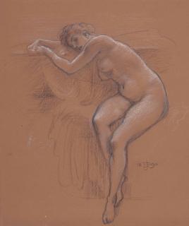 Sir Edward John Poynter, Bt., P.R.A., R.W.S. - Study of a seated nude for \'When the World was Young\'