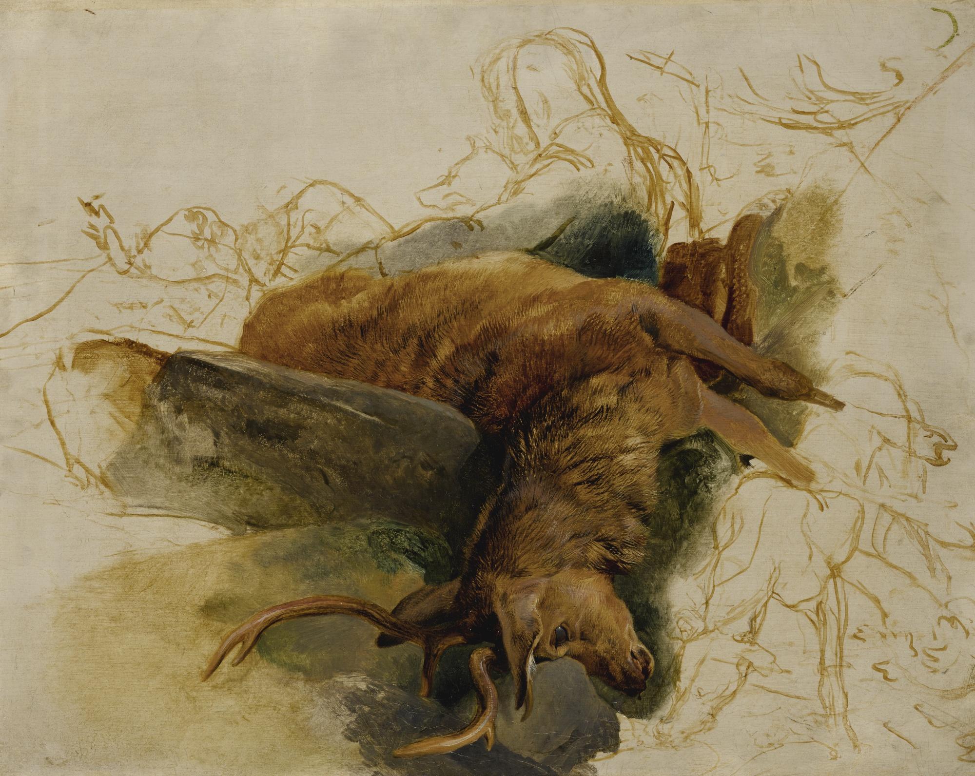 Sir Edwin Henry Landseer, R.A. - A Dead Stag, With Sketched Figures Of A Ghillie And Hounds