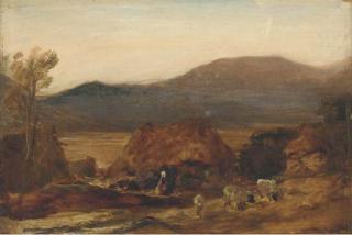 Sir Edwin Henry Landseer, R.A. - A mountainous landscape, with a figure by a cottage and sheep in the foreground