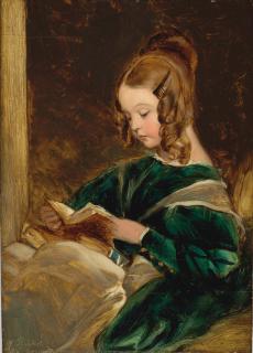 Sir Edwin Henry Landseer, R.A. - Study of Rachel (Lady Rachel Russell), half-length, in a green dress, reading a book