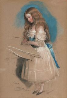 Sir Edwin Henry Landseer, R.A. - Study of The Lady Evelyn Stanhope, full-length, in a white dress with a blue sash
