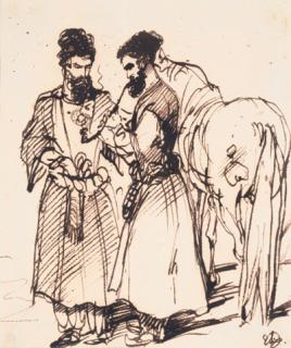 Sir Edwin Henry Landseer, R.A. - Turkish figures smoking a hookah pipe standing beside a horse