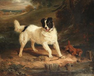 Sir Edwin Henry Landseer, RA - Newfoundland dog and Terrier at a stream