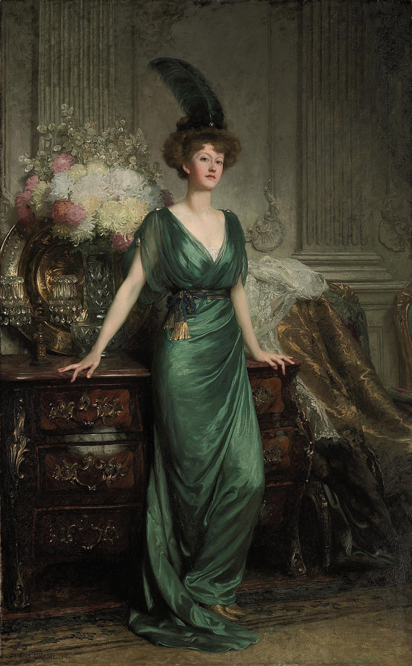 Sir Francis Bernard Dicksee, P.R.A. - Portrait of the Hon. Mrs Ernest Guinness, standing, full-length, wearing an emerald dress and feather