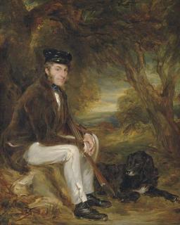 Sir Francis Grant, P.R.A. - Portrait of a gentleman, possibly the artist\'s brother John Grant, of Kilgraston (1798-1873), small full-length, seated holding a gun with his retriever in a woodland glade