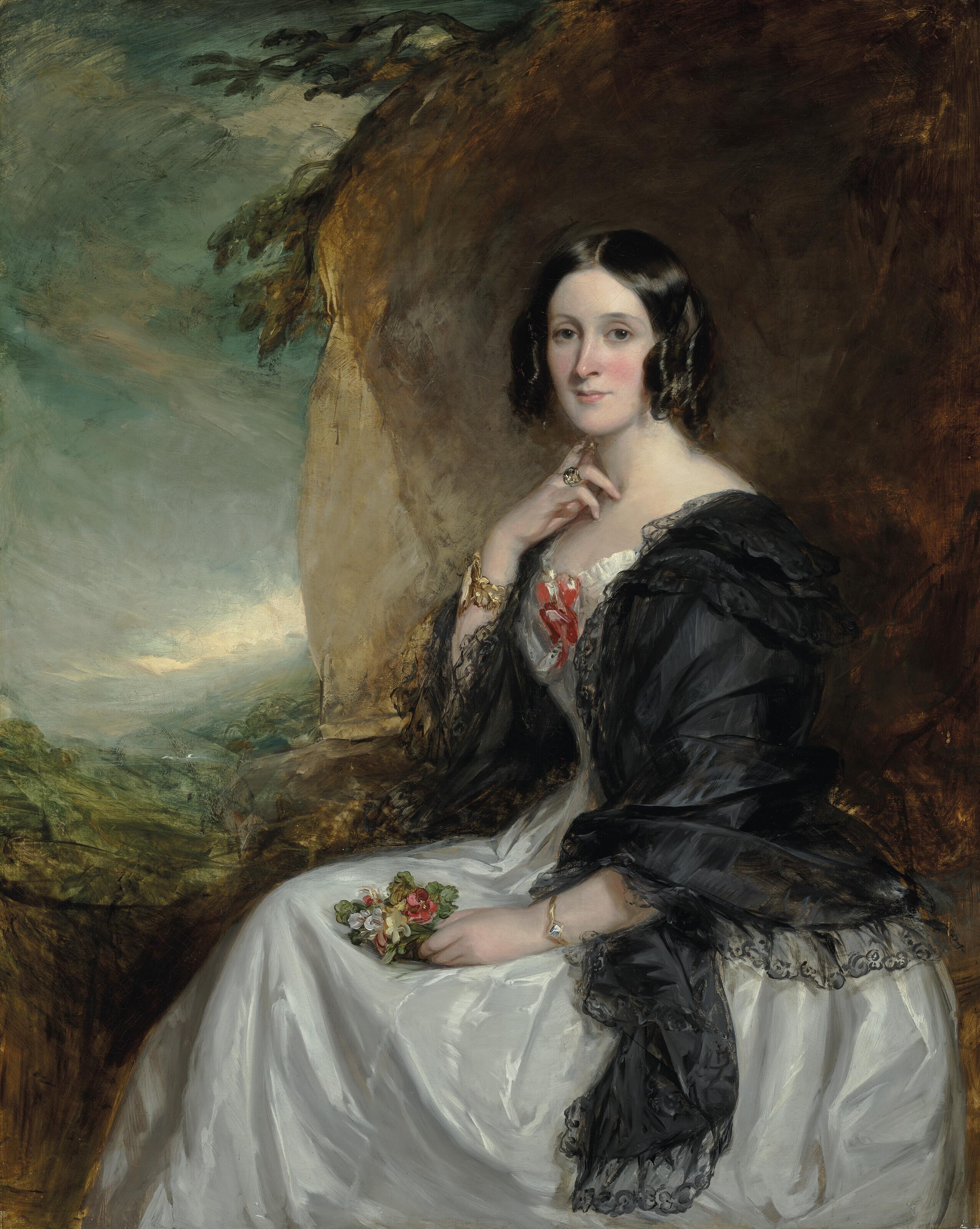 Sir Francis Grant, P.R.A. - Portrait of a lady, three quarter length, wearing a white dress, with a black stole, traditionally identified as Lady Peel