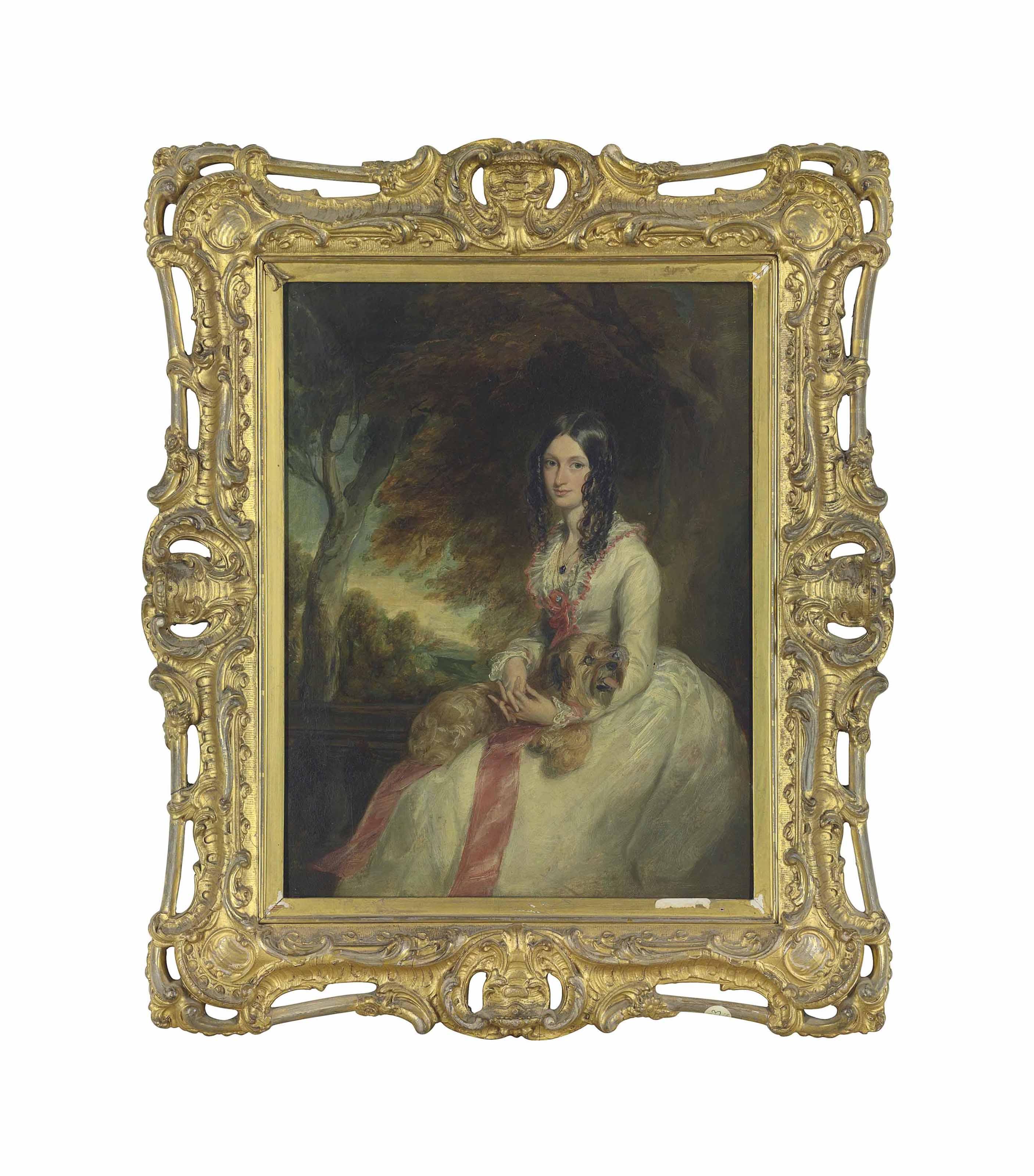Sir Francis Grant, P.R.A. - Portrait of a young girl, probably Lady Adelaide Emelina Caroline Vane (1830-1882), small three-quarter-length, in a white dress with pink ribbons, with a terrier on her lap, in a park landscape