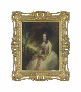 Sir Francis Grant, P.R.A. - Portrait of a young girl, probably Lady Adelaide Emelina Caroline Vane (1830-1882), small three-quarter-length, in a white dress with pink ribbons, with a terrier on her lap, in a park landscape
