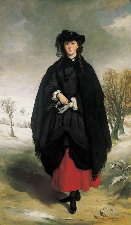 Sir Francis Grant, P.R.A. - Portrait Of Daisy Grant, The Artist\'S Daughter, Full Length, Wearing A Black Dress, Red Petticoat, Black Shawl, Hat And Boots, And Grey Gloves In A Winter Landscape