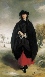 Sir Francis Grant, P.R.A. - Portrait Of Daisy Grant, The Artist\'S Daughter, Full Length, Wearing A Black Dress, Red Petticoat, Black Shawl, Hat And Boots, And Grey Gloves In A Winter Landscape