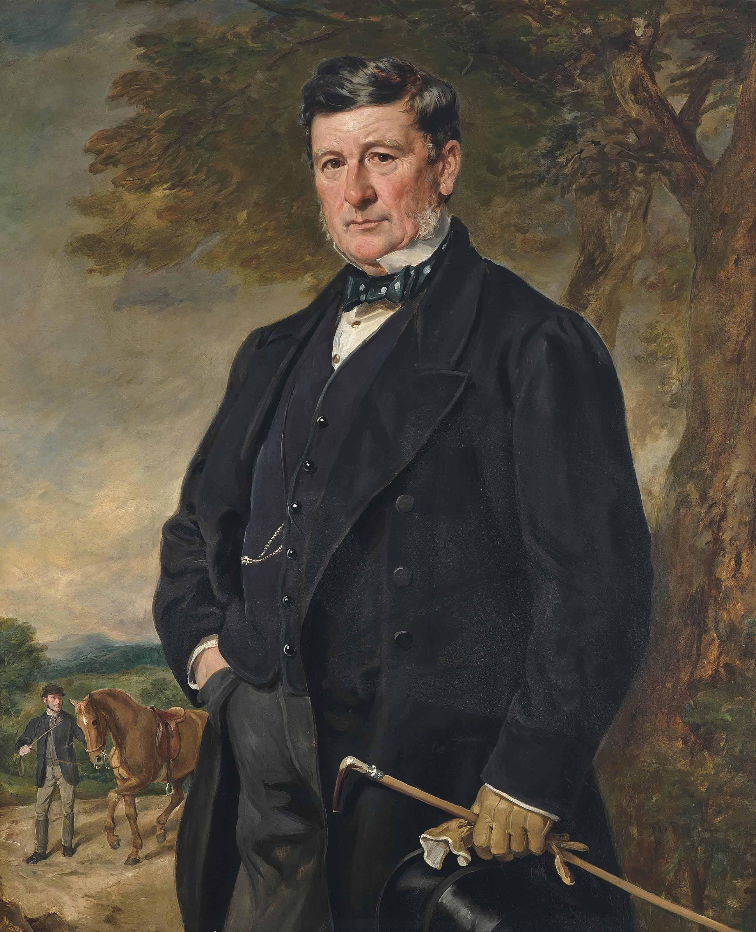 Sir Francis Grant, P.R.A. - Portrait of James Hunt, three-quarter length, holding a top hat, riding crop and gloves in one hand