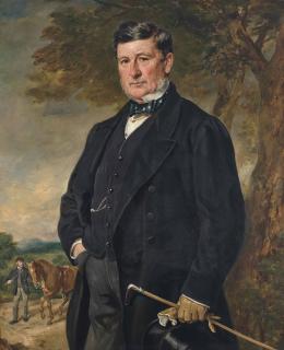 Sir Francis Grant, P.R.A. - Portrait of James Hunt, three-quarter length, holding a top hat, riding crop and gloves in one hand
