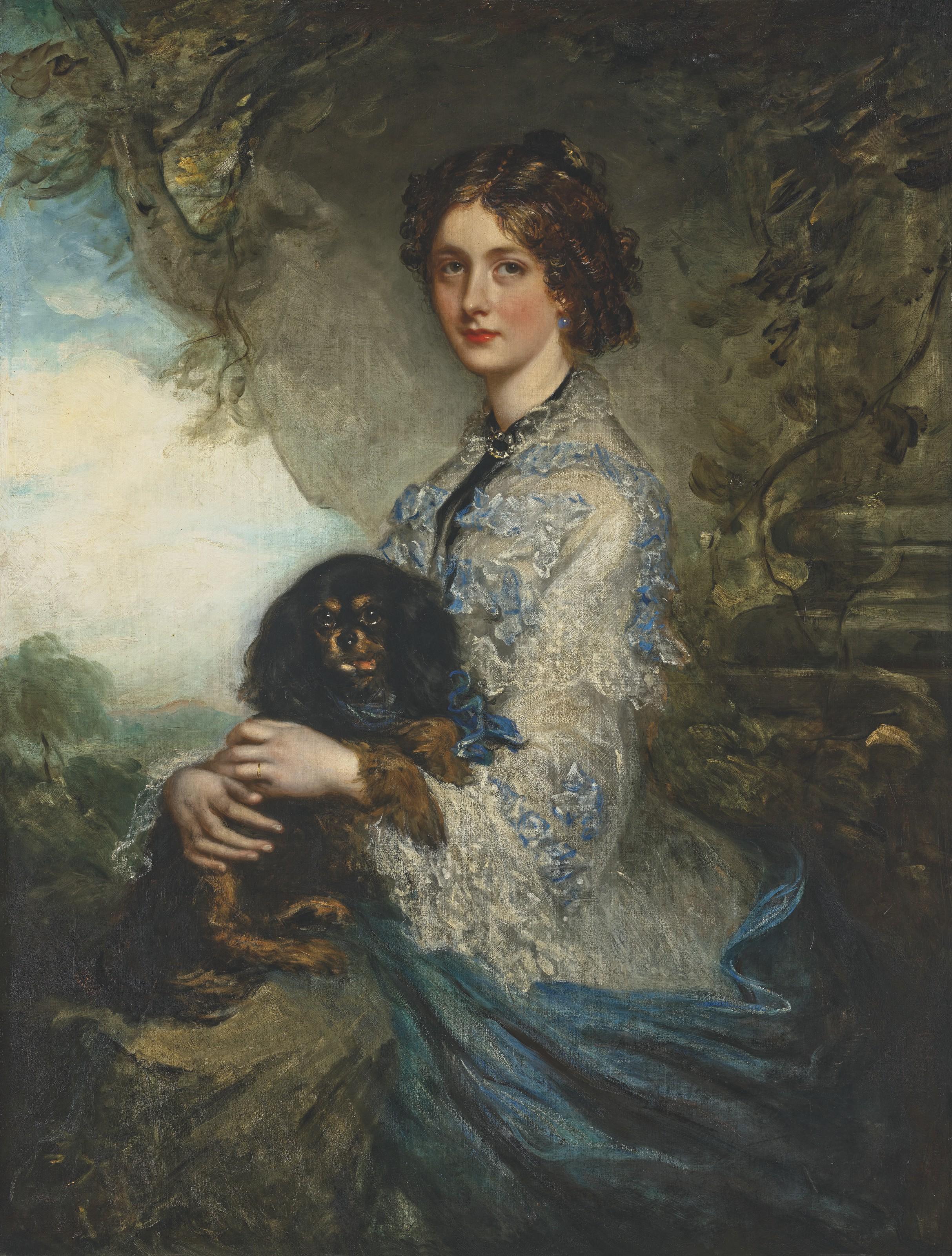 Sir Francis Grant, P.R.A. - Portrait of Lady Alice Peel, holding a King Charles spaniel on her lap