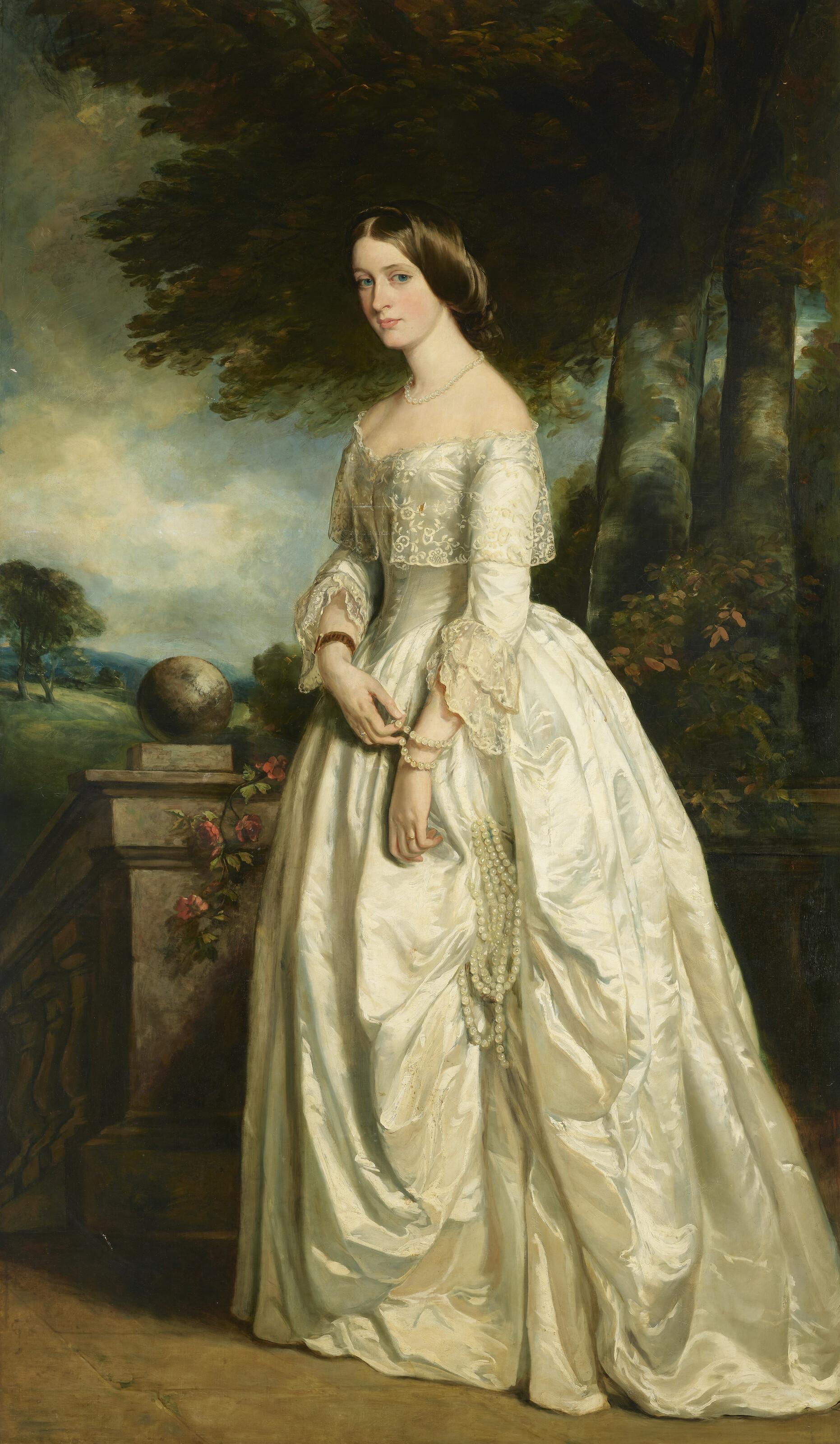 Sir Francis Grant, P.R.A. - Portrait of Louisa Madeleine Keith-Falconer, née Hawkins (1828-1916), Countess of Kintore, full-length, in a white dress