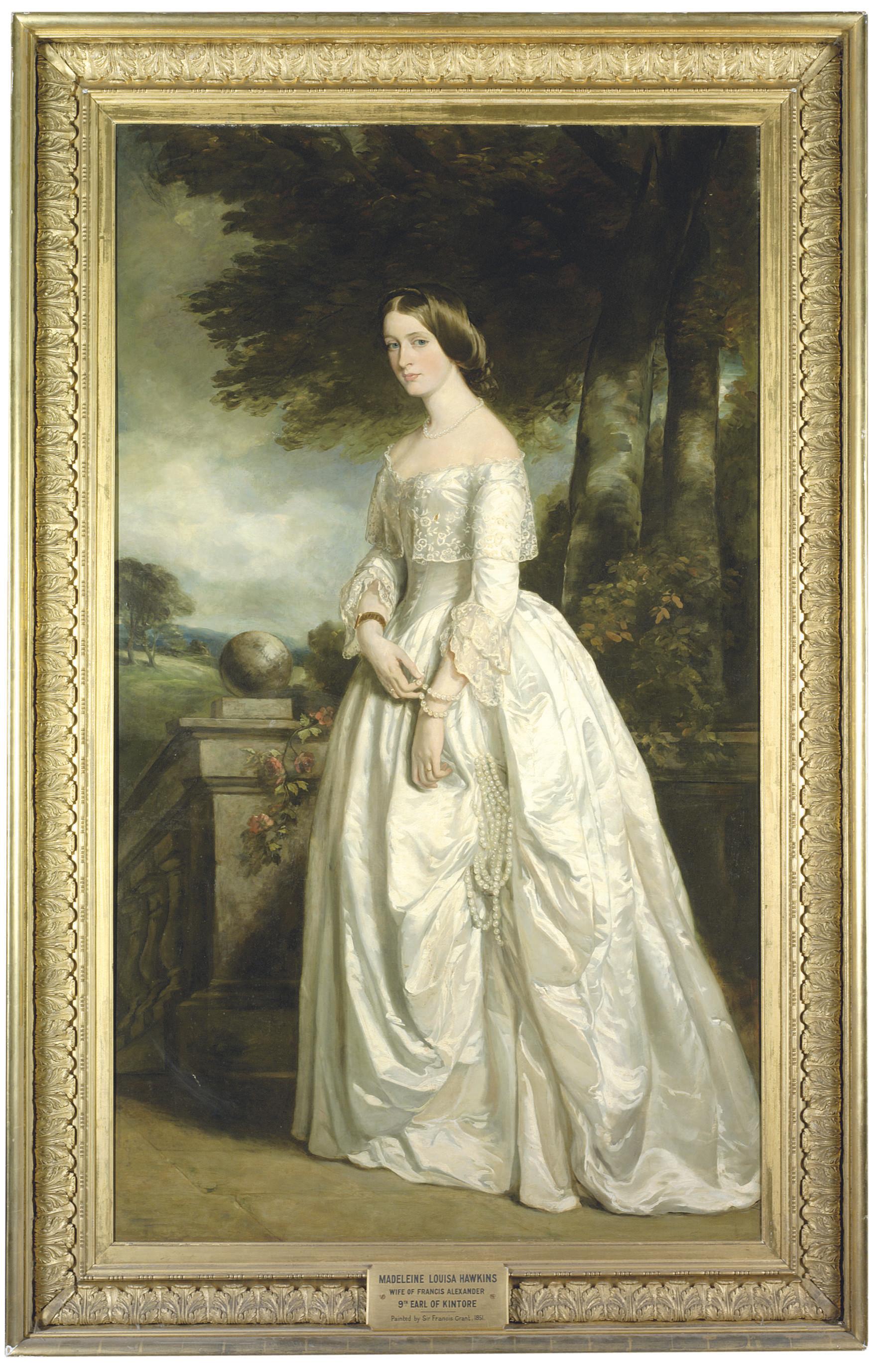 Sir Francis Grant, P.R.A. - Portrait of Louisa Madeleine Keith-Falconer, née Hawkins (1828-1916), Countess of Kintore, full-length, in a white dress