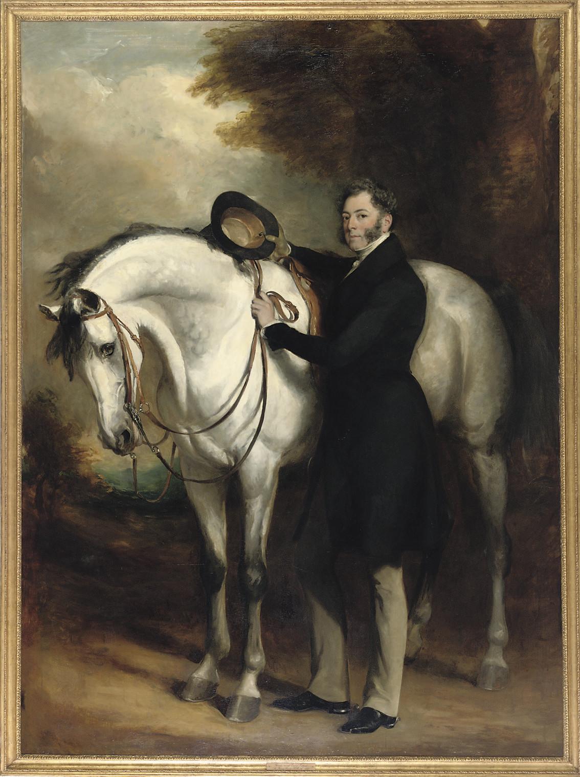 Sir Francis Grant, P.R.A. - Portrait of Thomas Dundas, 2nd Earl of Zetland, KG (1795-1873), full-length, in a black coat with a grey horse in a landscape