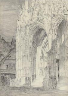 Sir Frank Brangwyn, R.A. - Figures before Brussels Cathedral
