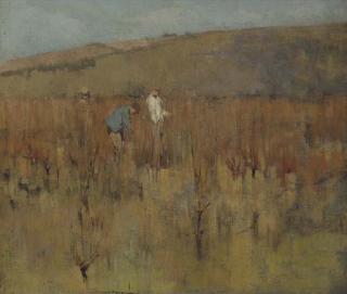 Sir Frank Brangwyn, R.A. - Flooded field with three labourers