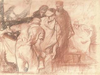 Sir Frank Brangwyn, R.A. - Prepatory sketches for panels:  The Dye Vat; and Study for \'Rug Porters\'