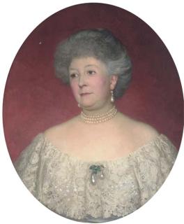 Sir Frank Dicksee, P.R.A., R.I. - Portrait of Mrs Ralph Vivian, bust-length, in a white lace-trimmed dress, painted oval