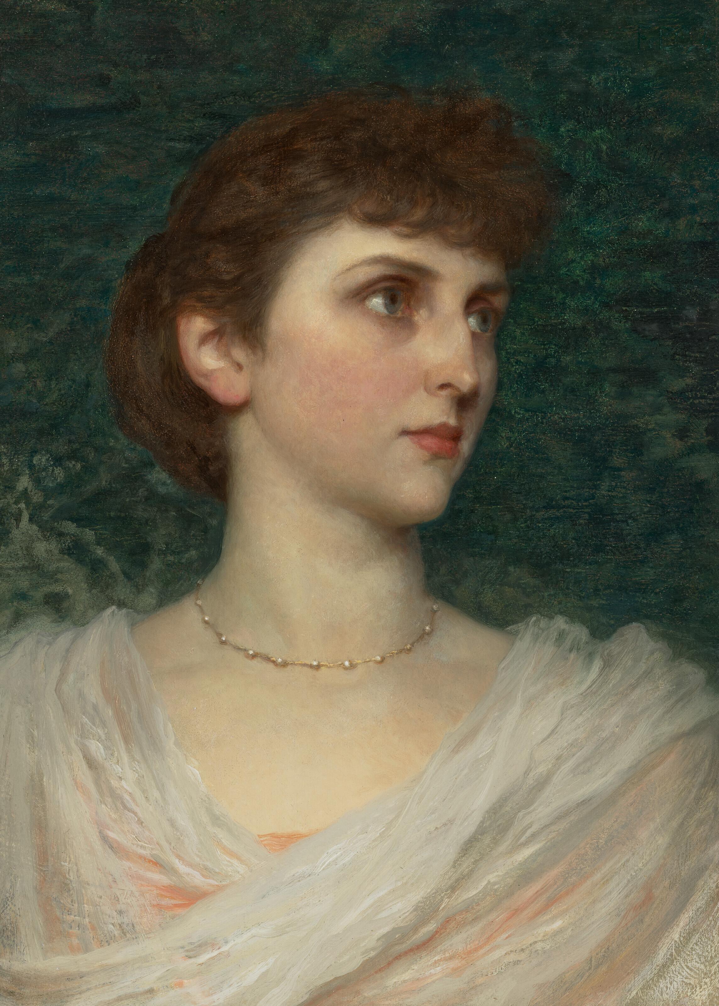 Sir Frank Dicksee, P.R.A. - Portrait of Maude Moore, head-and-shoulders, in a pink dress with white shawl