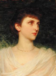 Sir Frank Dicksee, P.R.A. - Portrait of Maude Moore, head-and-shoulders, in a pink dress with white shawl