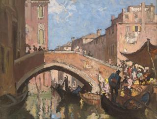 Sir Frank William Brangwyn, R.A., R.W.S., P.R.B.A. - A market beside a Venetian canal