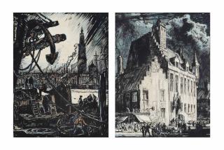 Sir Frank William Brangwyn, R.A., R.W.S., P.R.B.A. - Across the Scheldt, Antwerp (illustrated); and Palais les Archives, Malines