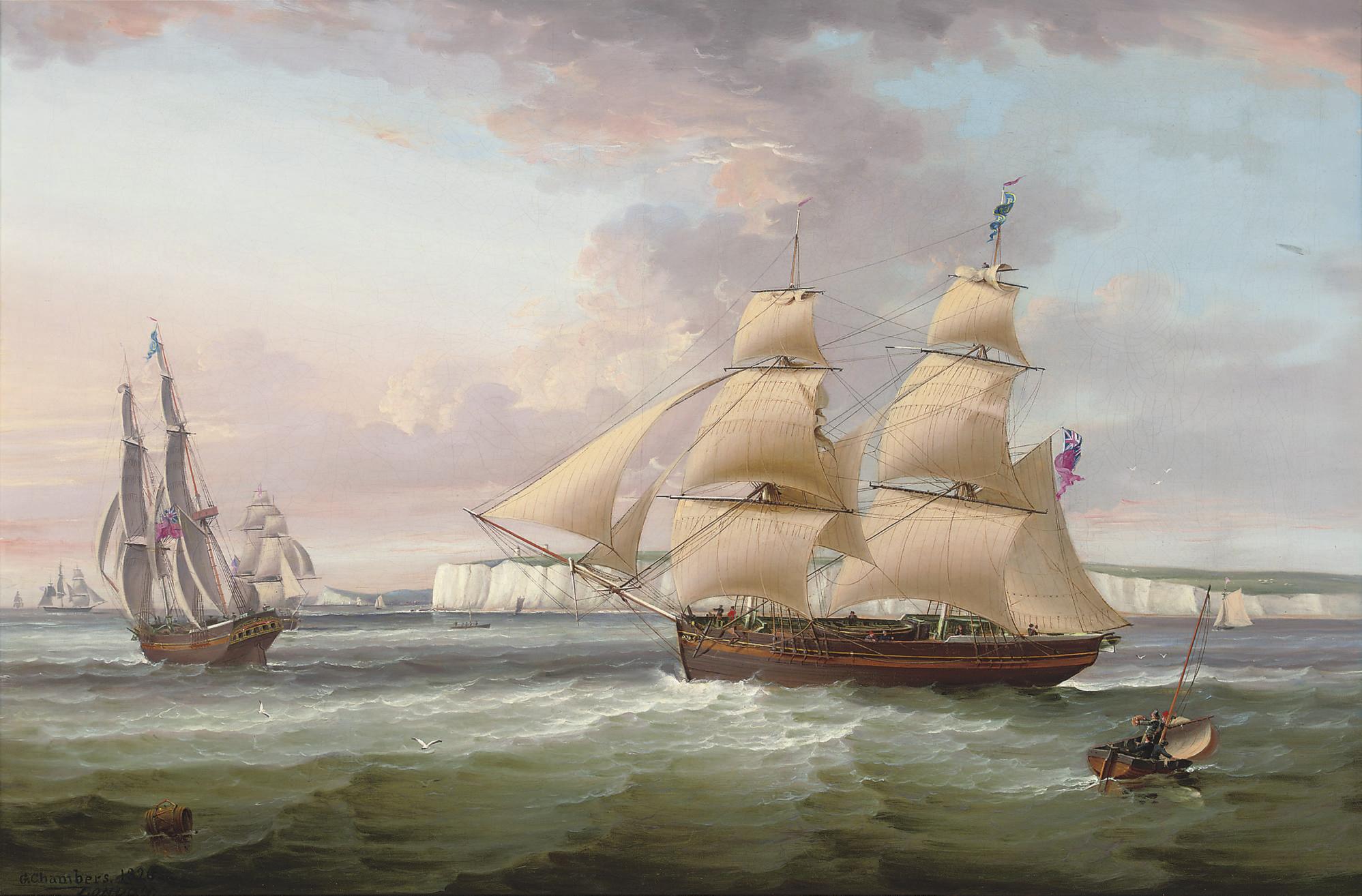 Sir George Chambers - A merchant brig in two positions off Flamborough Head