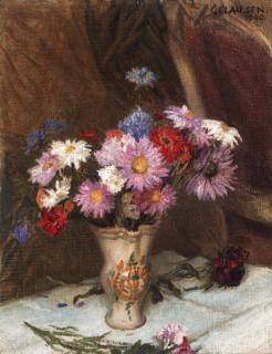 Sir George Clausen, R.A., R.W.S. - Still life with flowers in a jug on a white cloth
