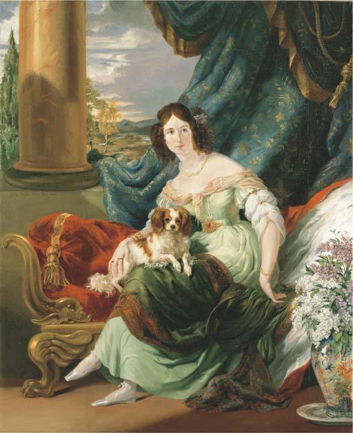 Sir George Hayter - Portrait of Charlotte, Countess de la Bourdonnaye (1795-1875), Full-Length, In A Green Dress, Seated On A Day Bed On A Terrace, A Dog On Her Lap, Before A Draped Curtain, With An Extensive Landscape Beyond