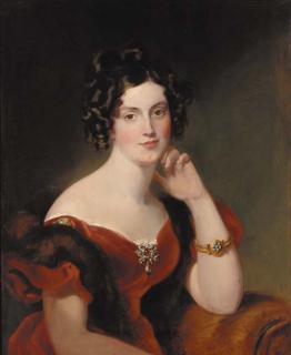 Sir George Hayter - Portrait of Lady Elizabeth Harcourt, seated half-length, in a red dress and fur wrap