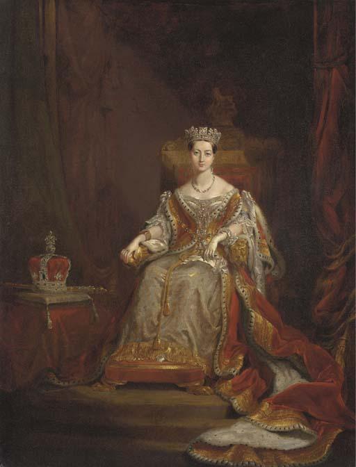 Sir George Hayter - Portrait of Queen Victoria (1819-1901), seated full-length, in ceremonial robes, the crown and sceptre by her side