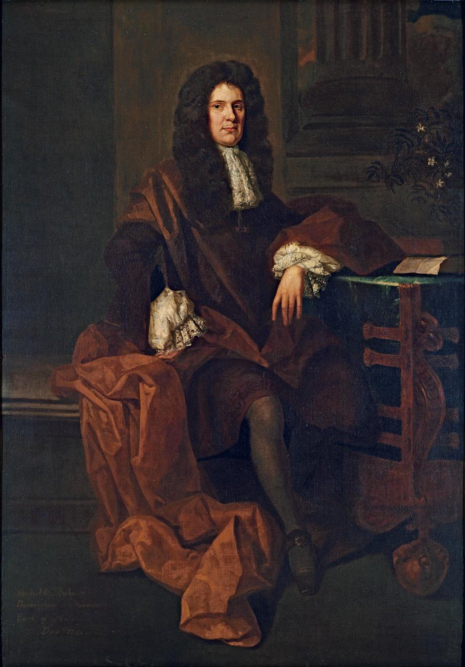 Sir Godfrey Kneller - Portrait of a gentleman, traditionally identified as John Sheffield, 1st Duke of Buckingham and Normanby (1647-1721), full-length, in a dark coat with a brown mantle, seated by a table