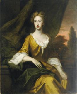 Sir Godfrey Kneller - Portrait of A Lady In A Saffron Dress, Seated Three-Quarter Length, In A Landscape