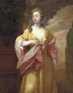 Sir Godfrey Kneller - Portrait of a lady, three-quarter-length, in a yellow dress with a pink shawl, in a formal garden by an orange tree