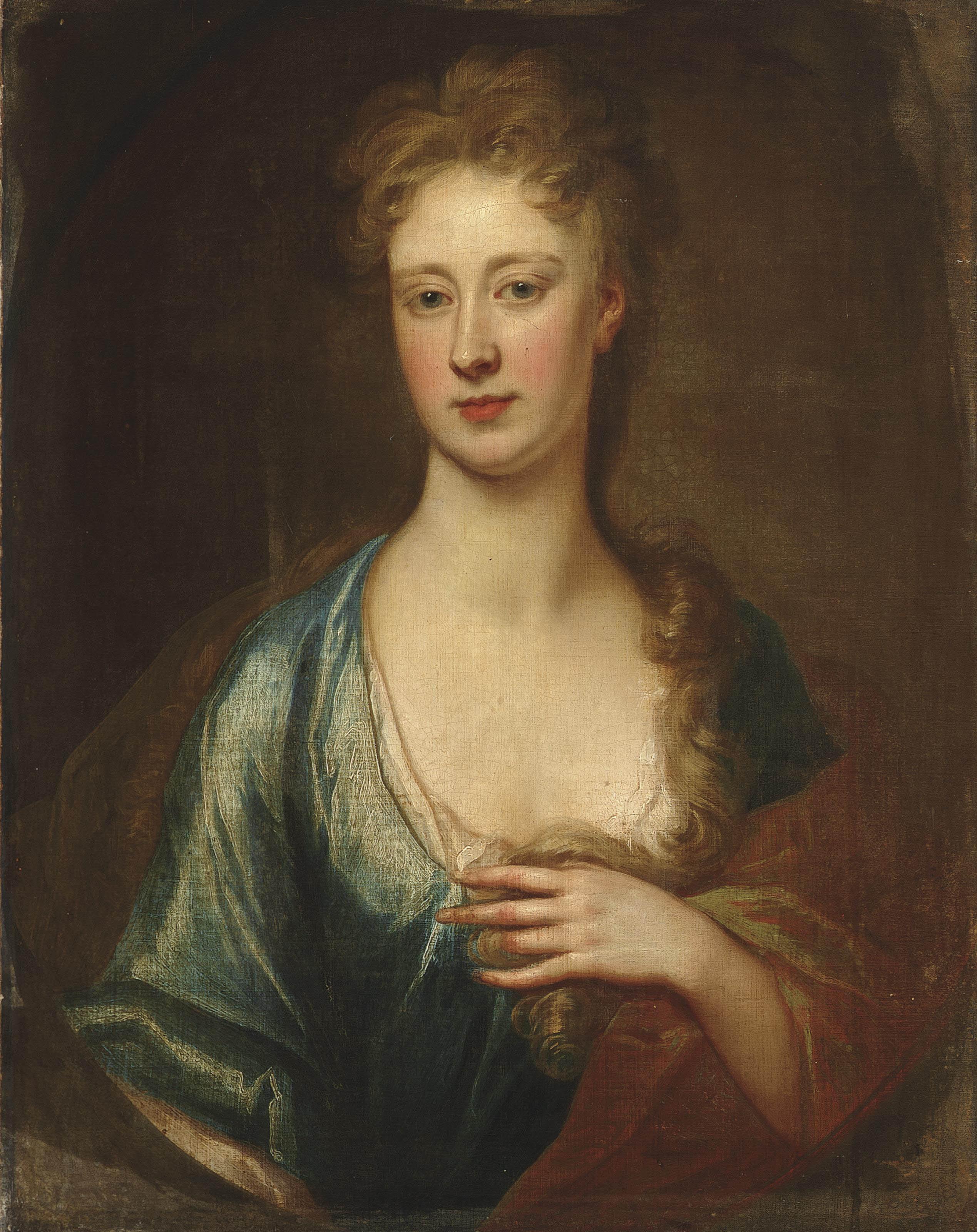 Sir Godfrey Kneller - Portrait of a lady, traditionally identified as Catherine Perceval (c.1689-1749), Countess of Egmont, bust-length, in a blue dress and brown wrap, in a feigned oval