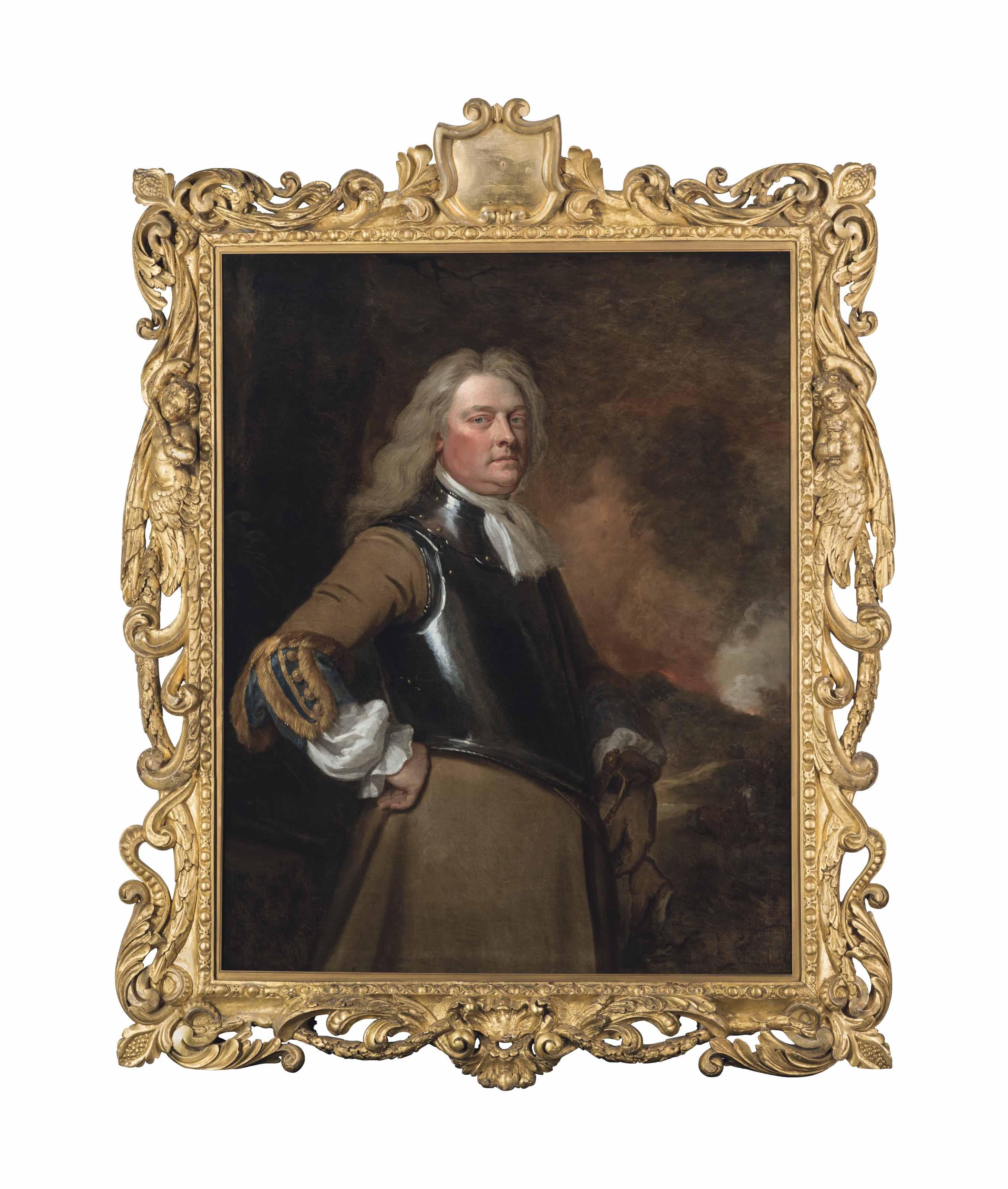 Sir Godfrey Kneller - Portrait of an officer, three-quarter-length, in a breast plate, a cavalry engagement beyond