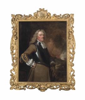 Sir Godfrey Kneller - Portrait of an officer, three-quarter-length, in a breast plate, a cavalry engagement beyond