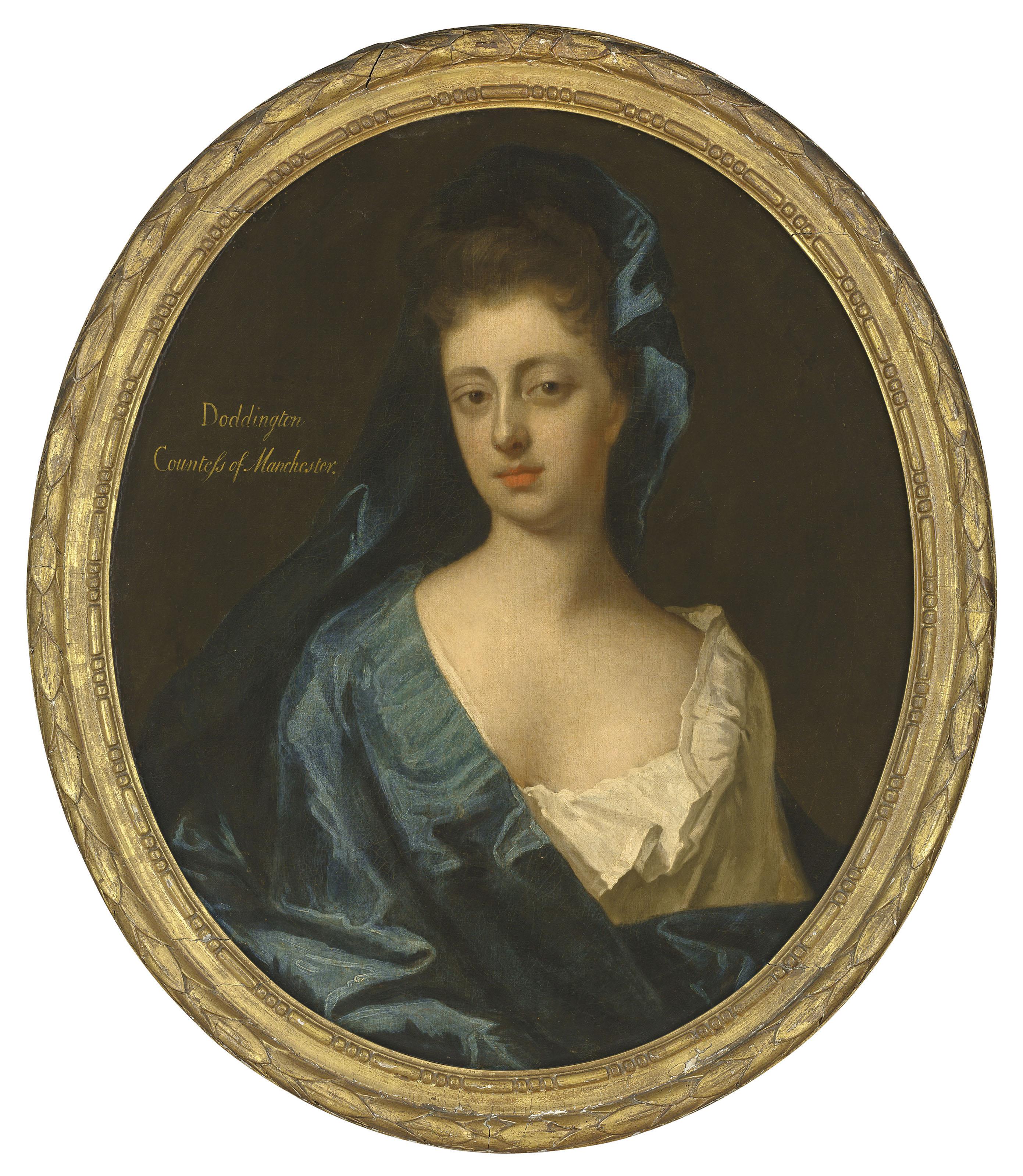 Sir Godfrey Kneller - Portrait of Doddington Montagu, Countess of Manchester (1672-1721), bust-length, in a blue dress